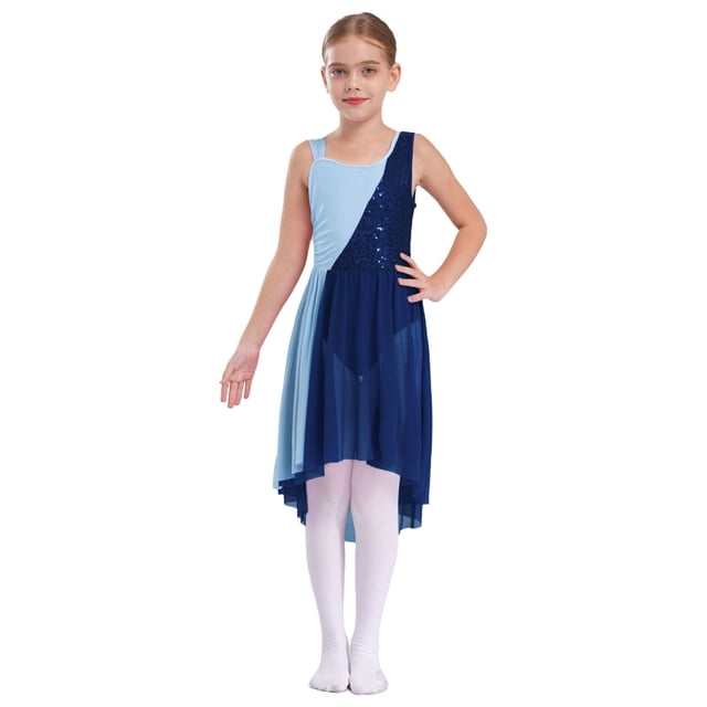 Riismen Robe de Danse Sans Manches à Sequins pour Filles, Robe de Gymnastique, Justaucorps de Performance, Bleu Marine 12