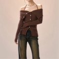 thumbnail image 5 of Women Asymmetrical Rib Knitted Sweater Casual Solid Slim Long Sleeve Coffee Color One size, 5 of 8