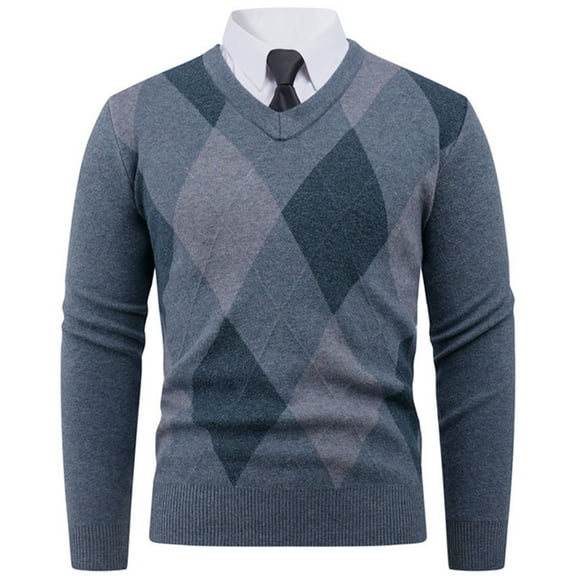 Men's Wool Blend Crewneck Sweater Argyle Long Sleeve V Neck Classic Fit Pullover Vest Casual Dressy Winter Warm Shirt (L, Gray)