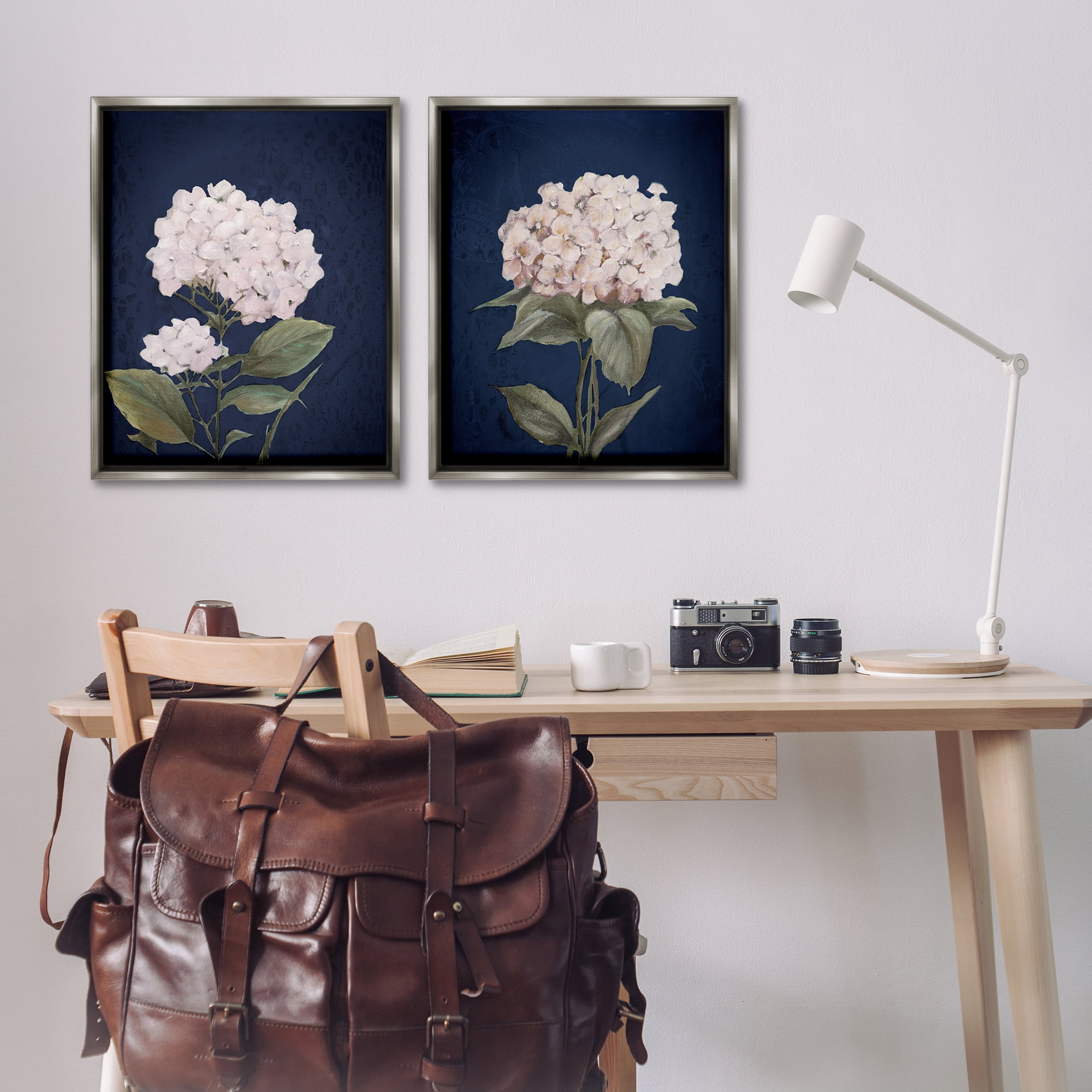 Stupell Industries Hydrangea Flower on Blue Plants & Flowers Painting Gray Floater Framed Canvas Art Print Wall Art, 31 x 25, Set of 2