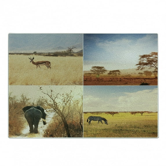 Safari Cutting Board, Safari Collages with Native Wild Savannah Animals Exotic Lands Lonely Planet, Decorative Tempered Glass Cutting and Serving Board, Small Size, Multicolor, by Ambesonne