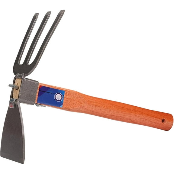 2 in 1 Hoe Cultivator Combo Garden Tool: Hand Cultivator Hoe Garden Tool with Wooden Handle, Carbon Steel Blade Head and 3-Prong Fork Used for Weeding, Digging, and Loosening Soil
