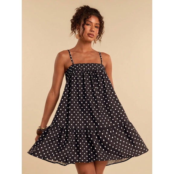 Brown All-Over Polka Dot Spaghetti Strap Tiered Mini Sundress For Women, Boho Vacation Dress