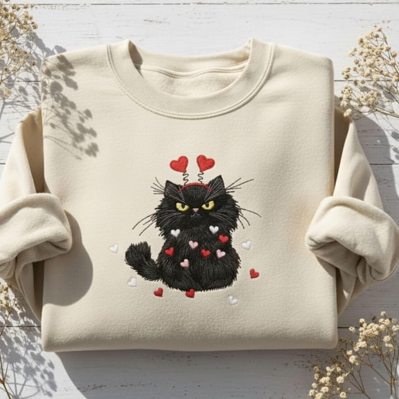 Embroidered Happy Meowentines Sweatshirt Grumpy Valentine Cat Shirt Cat Lover Clothing Gift For Her