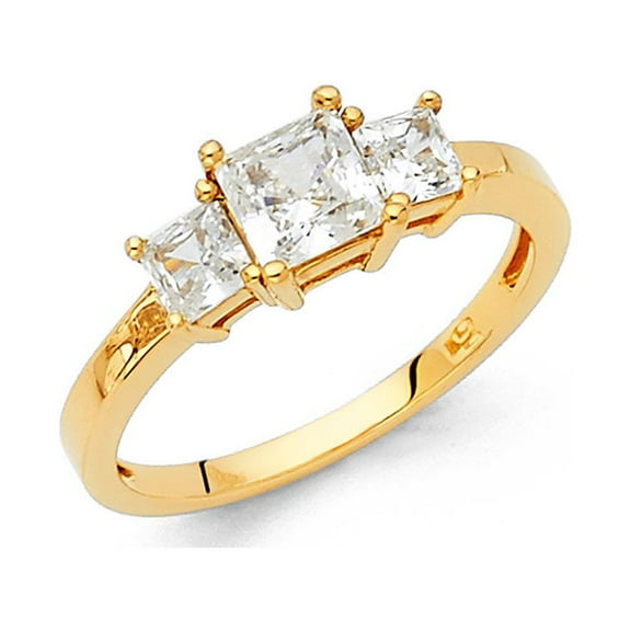 Three Stone Princess CZ Engagement Ring 14k Yellow Gold Anniversary 3 Square CZ Solitaire Band Size 7