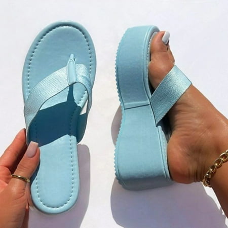 

HIBRO Ladies Fashion Solid Color Fabric Flip Flops Comfortable Platform Wedge Sandals