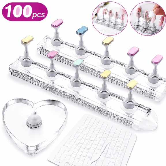 Nail Stand For Press On Acrylic Strong Magnetic Nail Holder Kit For Painting Nails Tip Arts Display With 100PCS Double-Sided Tape And 1 Heart Shaped Acrylic Magnetic Presson Stands Nail Art Supplies