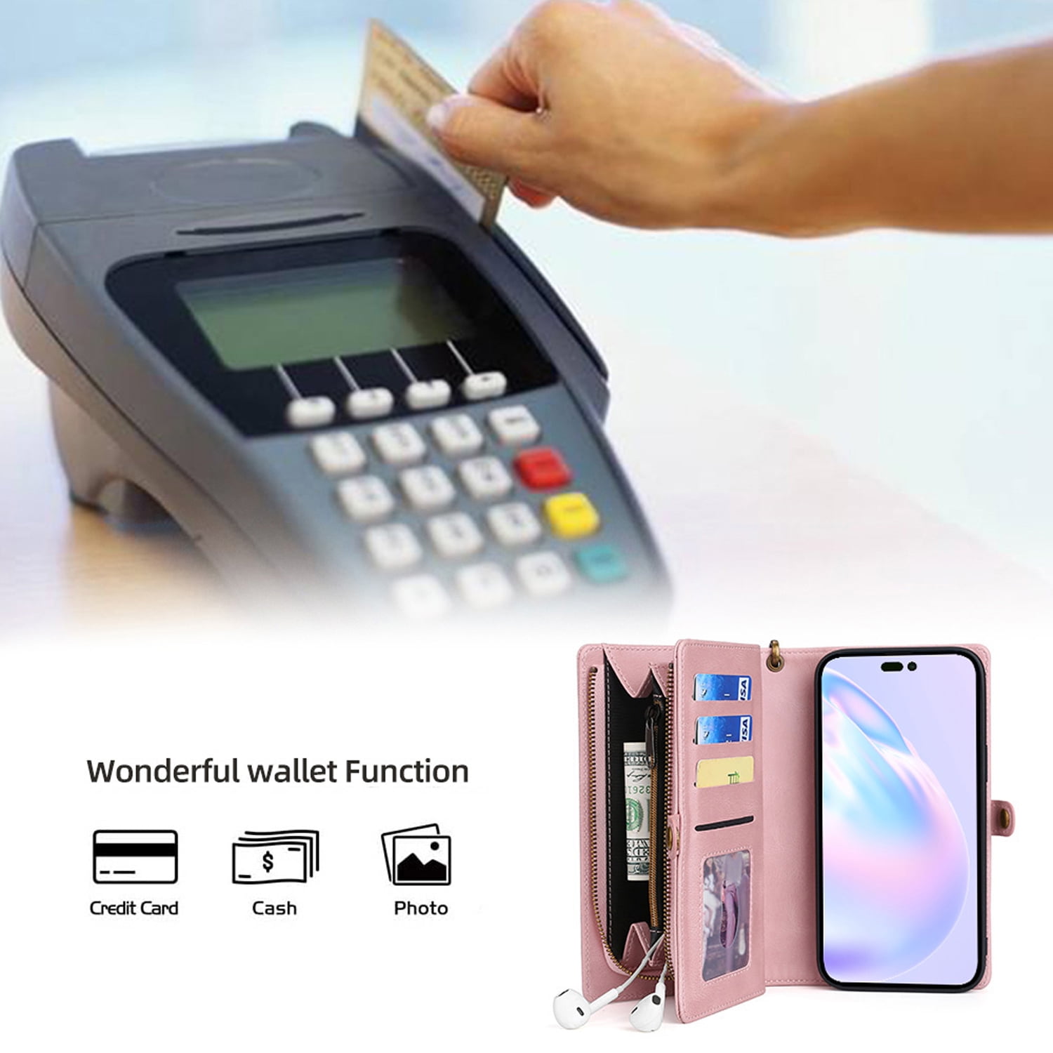 Detachable Wallet Case for iPhone 7 / iPhone 8 / iPhone SE 2022 & 2020, 2-in-1 Zipper Wallet with Credit Card Holder, PU Leather Wrist Strap Flip Stand Shockproof Magnetic Purse Phone Cover, Pink