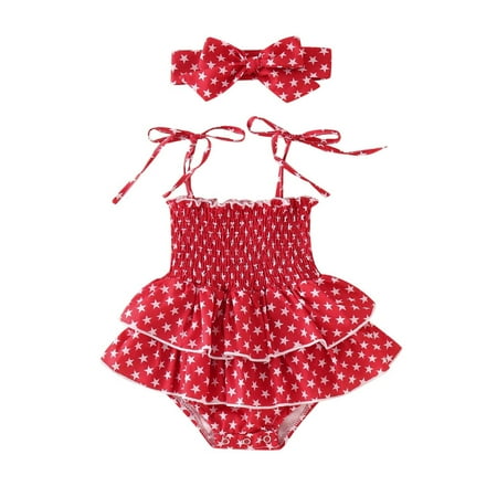 

Toddler Girls Sleeveless Star Printed Independence Day 4th Of July Romper Bodysuits Headbands Set Newborn Infant Child Clothing Streetwear Kids Dailywear Outwear