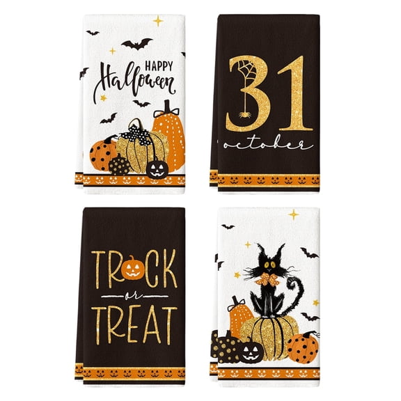 Sm:)e Trick or Treat Bat Pumpkins Black Cat Oct 31 Halloween Kitchen Dish Towels 4 Set 18 x 26 inch
