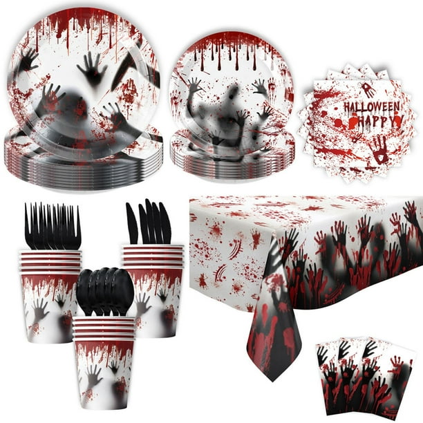 Fiudx Set para Fiesta de Terror de Halloween, Bandeja de Papel con Huellas de Manos, Vasos de Papel, Mantel, Decoraciones de Banderas, Temática Espeluznante, Perfecto para Halloween, Diseño Festivo,