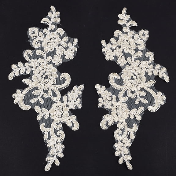 2 Pair 3D Beaded Flower Sequence Lace Applique Motif Sew On Embroidered Lace Applique Wedding Dress Bride's Headdress Adornment PatchDIY