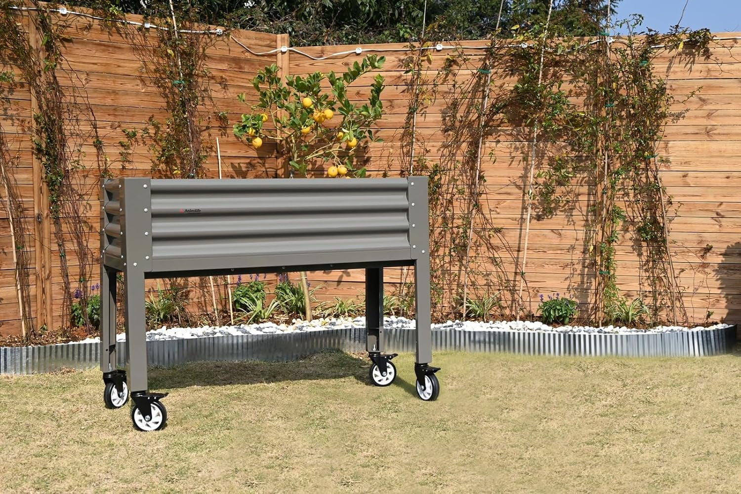 A ANLEOLIFE Elevated Raised Garden Bed with Lockable Wheels, 48x18x35 in Galvanized Steel Planter Box with Legs, Waist-High Design, Reinforced Frame for Balcony, Patio & Porch, Quartz Grey