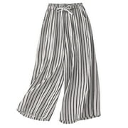 YUHGODO Plus Size Cotton Linen Long Pants for Women Loose Fit Summer Striped Vintage Trousers Wide Leg Flowy Cropped Pants