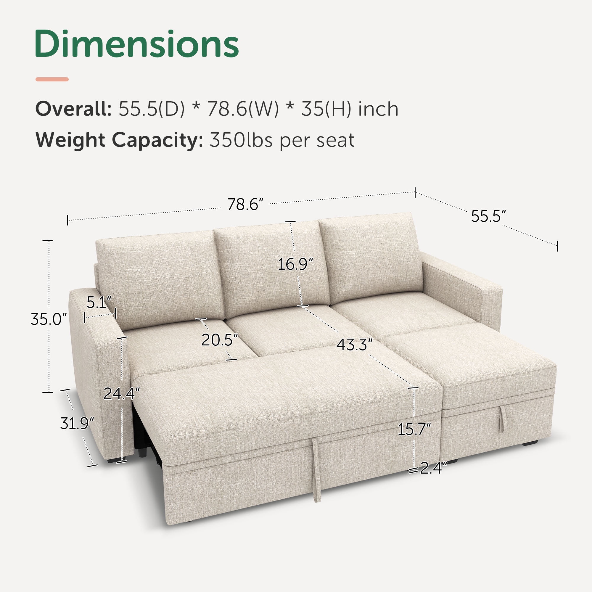 HONBAY 79" Reversible 3 Seat Beige Compact L Shaped Sectional Sleeper Sofa with Pull Out Bed and Storage, Breathable Linen