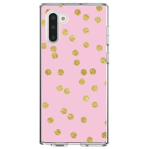 DistinctInk Clear Shockproof Hybrid Case for Samsung Galaxy Note 10 (6.3" Screen) - TPU Bumper, Acrylic Back, Tempered Glass Screen Protector - Pink & Gold Print - Polka Dots Pattern