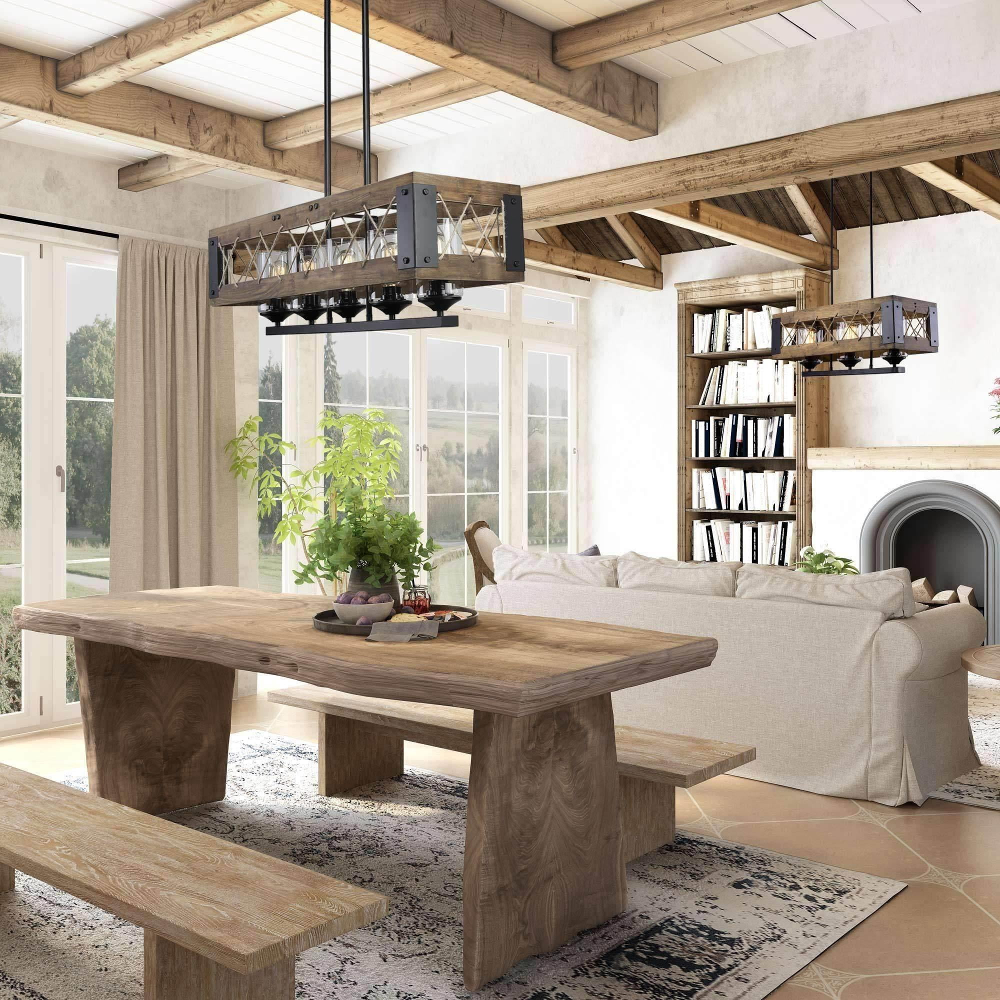 LNC 5-Light Black and Brown Wood Farmhouse Cage Chandelier for Kitchen Island