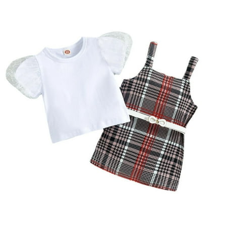 

MPWEGNP Baby Girls Short Bubble Sleeve Tops Plaid Suspender Skirt Outfit Clothes Set 2PCS New Baby Girl Close Set