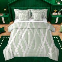 Homewish Abstract Geometric Striped 7-Piece Bedding Comforter Set,Painting Line Pattern King Bedding Sets,Green White Bed Sheets For Kids,Super Cozy Room Decor Reversible