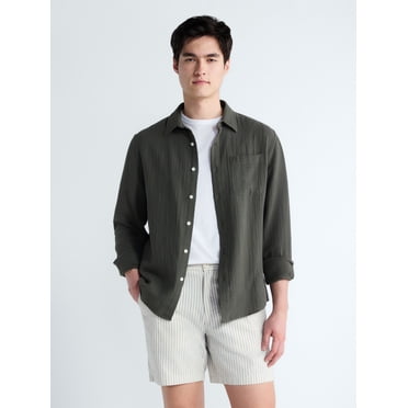 Free Assembly Men's Button Front Double Cloth Shirt with Long Sleeves, Sizes XS-3XL