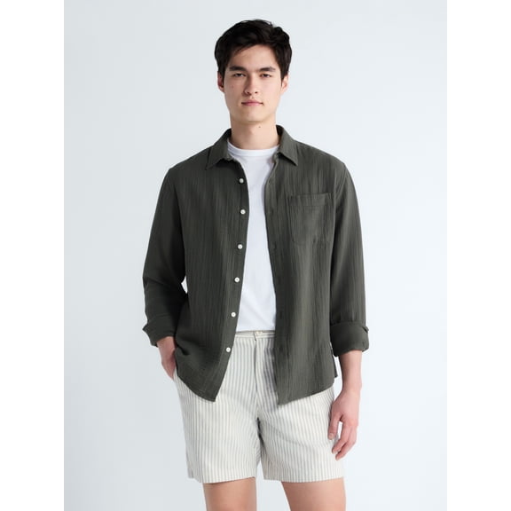 Free Assembly Men's Button Front Double Cloth Shirt with Long Sleeves, Sizes XS-3XL