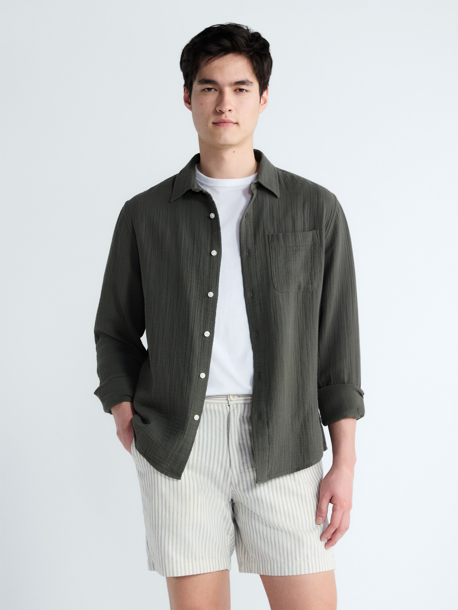 Free Assembly Men's Button Front Double Cloth Shirt with Long Sleeves, Sizes XS-3XL