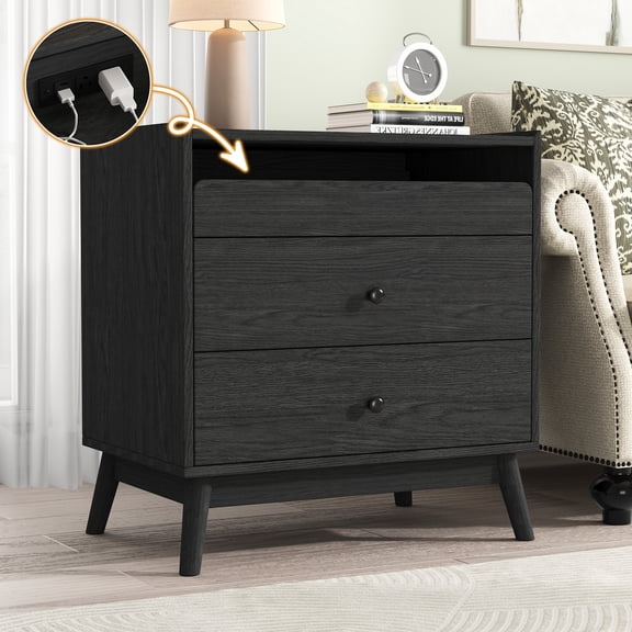 NEGYLIM 3-Drawer Nightstand with Hidden Charging Station, Wood Bedside Table 25" Height x 24" Width, Bedroom Furniture End Table, Black 1-Pcs