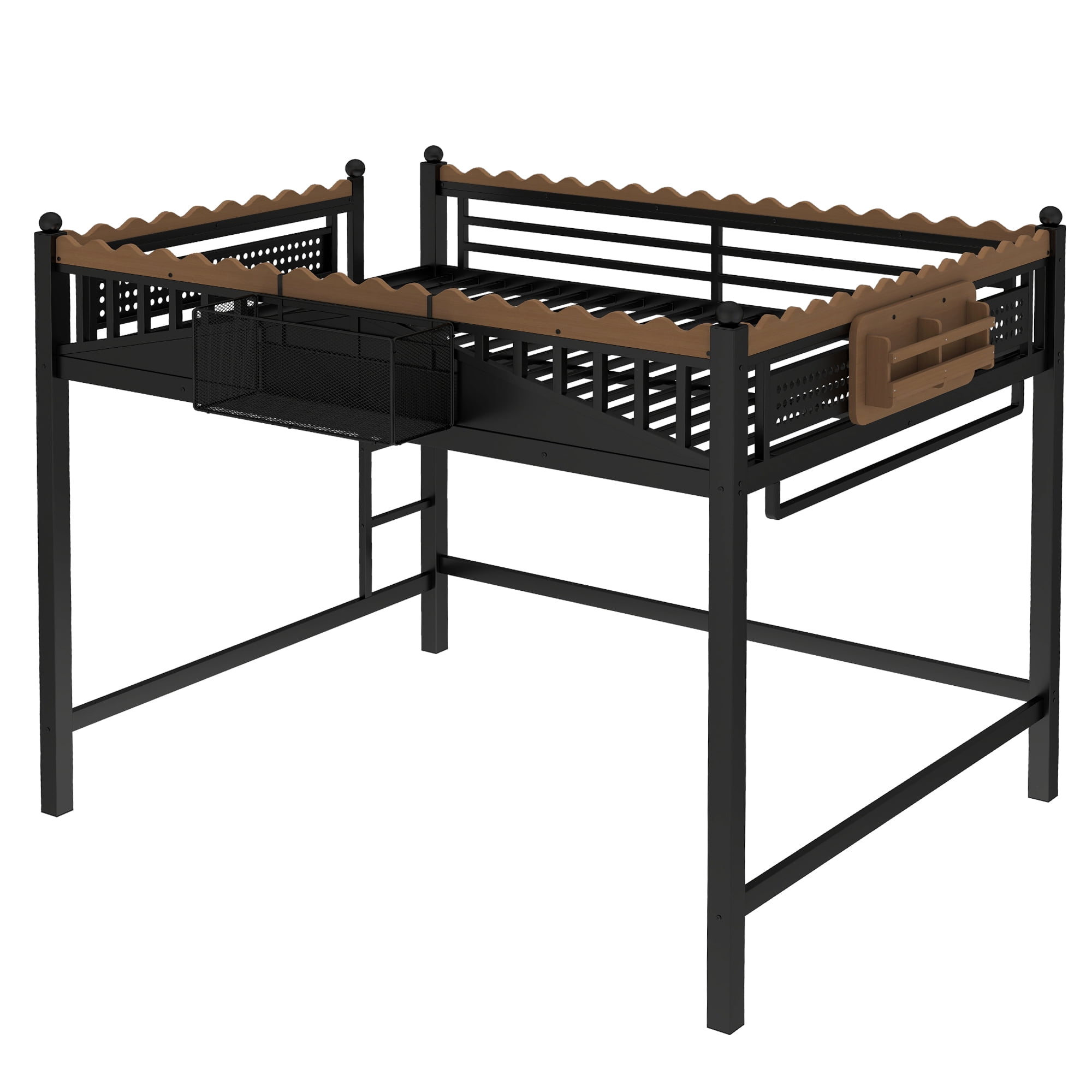 Leumius Queen Size Loft Bed,Metal Loft Bed with Storage Baskets and Bookshelf,High Loft Bed with Large Under-Bed Space,No Box Spring Needed,Black