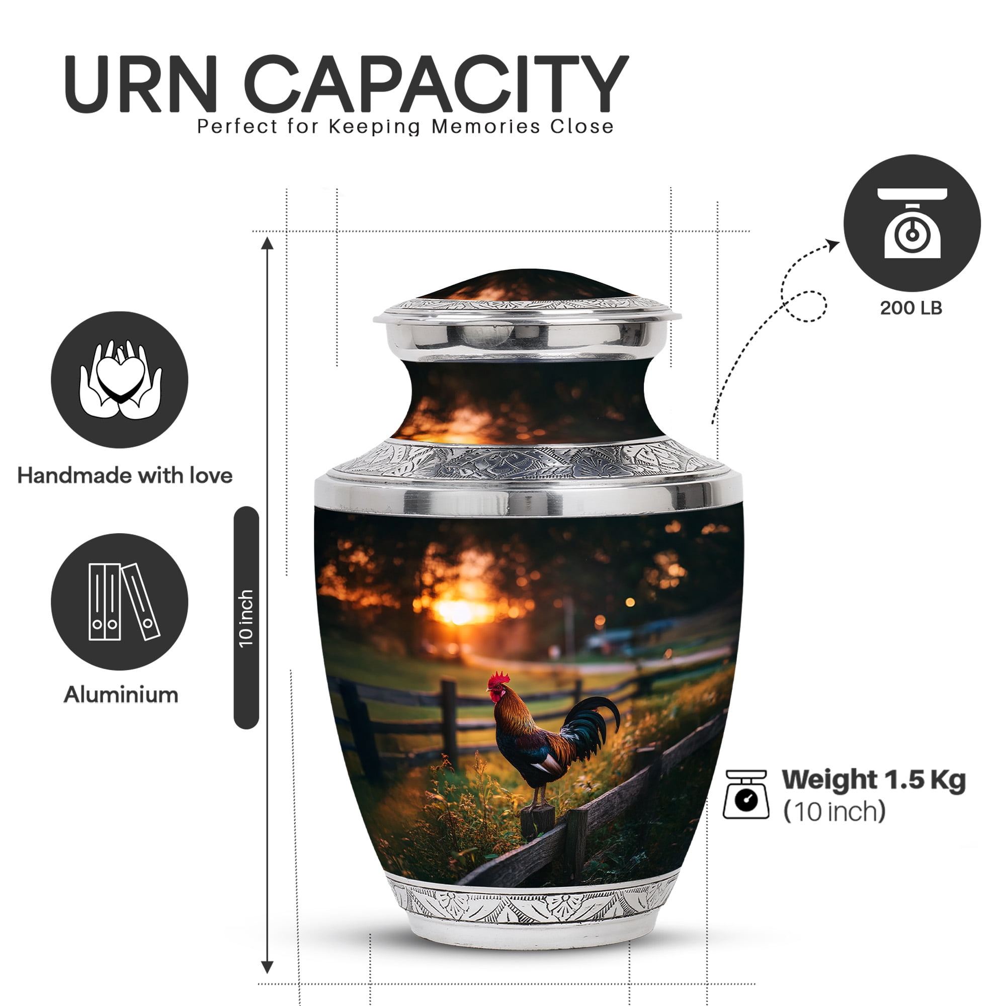 Yatskia Sunset Rooster Urns for Human Ashes Adult Man, Cremation Burial Urn for Ashes for Women, Decorative Urns for Adult Ash, (Tasty Large, 10 Inch)