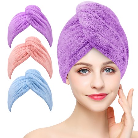 3 Pack Microfiber Hair Towel Wrap Laicky Super Absorbent Twist Turban for Women Fast Drying Hair Caps with Buttons for Drying Curly  Long & Thick Hair Anti Frizz (Purple Pink Blue)