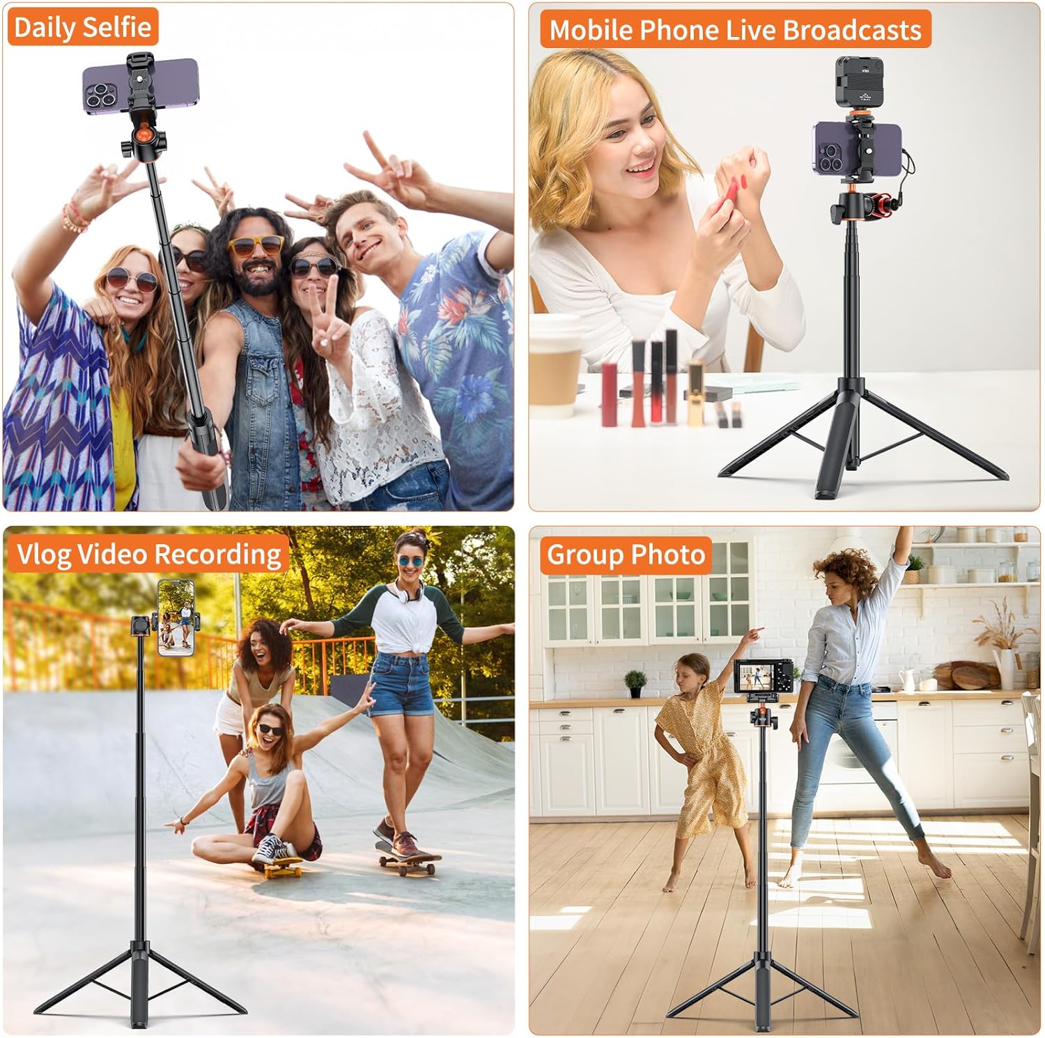 NEOYFC  55" Selfie Stick Tripod with Hidden Phone Holder, TP-16 Extendable Camera Stand with 360° Ball Head & Rotatable Cold Shoe, for iPhone, Mirrorless Camera, Action Cameras
