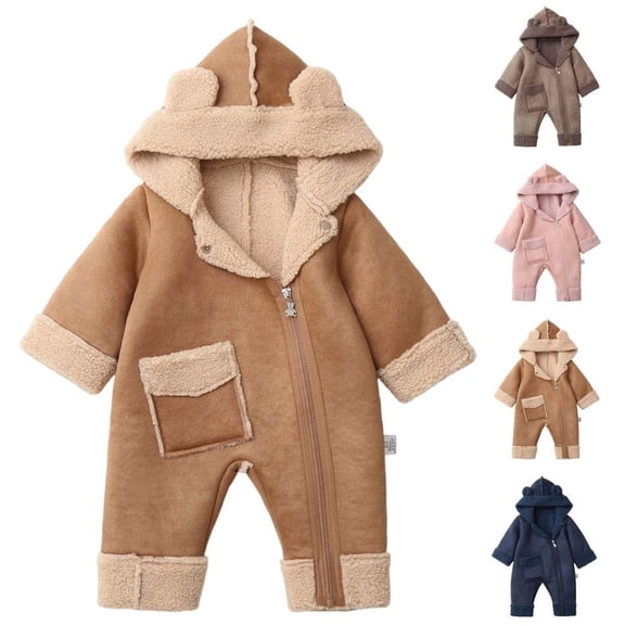 BXSRUTA Boys and Girls Hooded Thermal Fleece-Lined Romper for Outdoor Winter Activities with Gloves and Coat