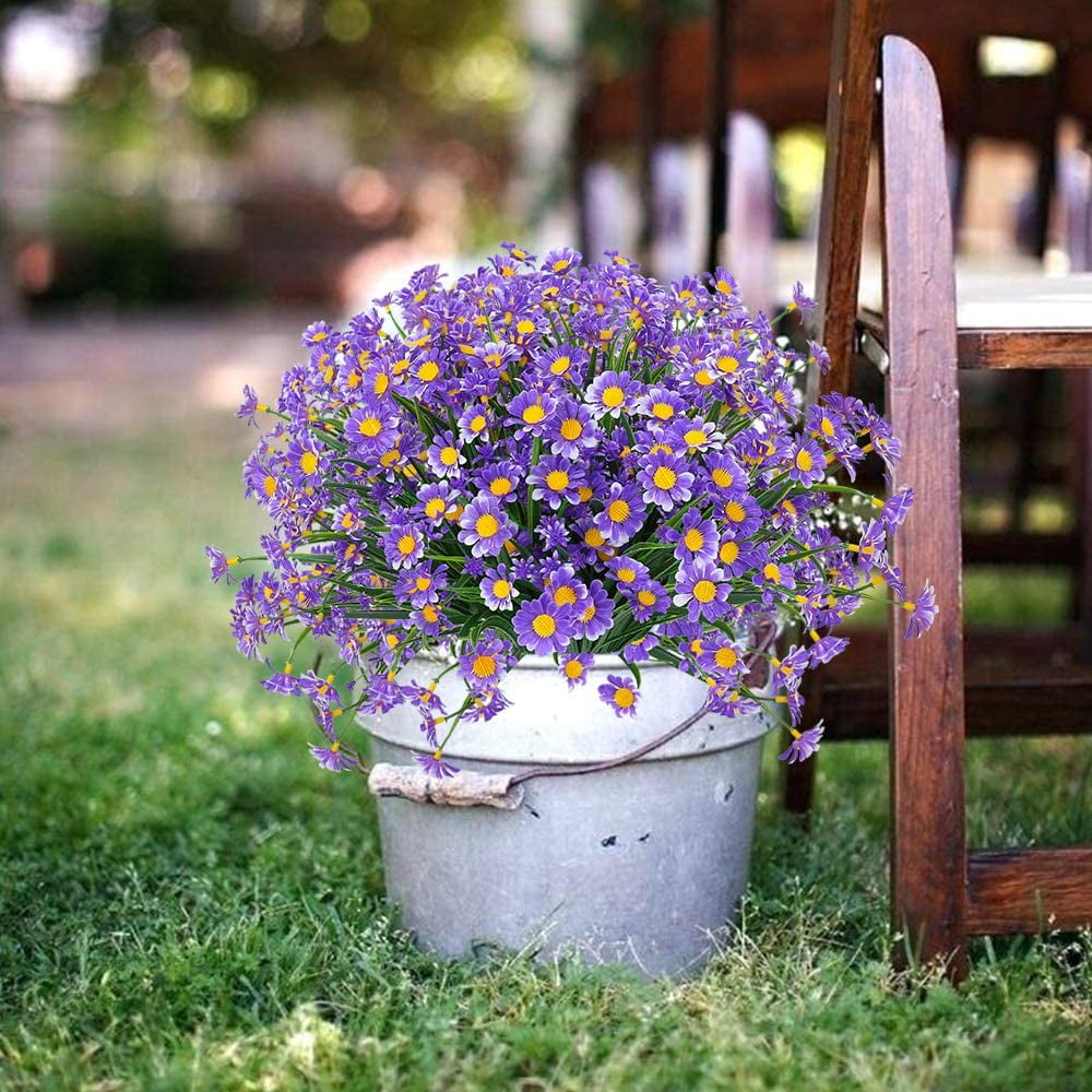 6 Bundles Outdoor Artificial Daisies Fake Flowers UV Resistant Shrubs, Faux Plastic Greenery for Indoor Outside Hanging Plants Garden Porch Window Box Home Wedding Farmhouse Decor (White)