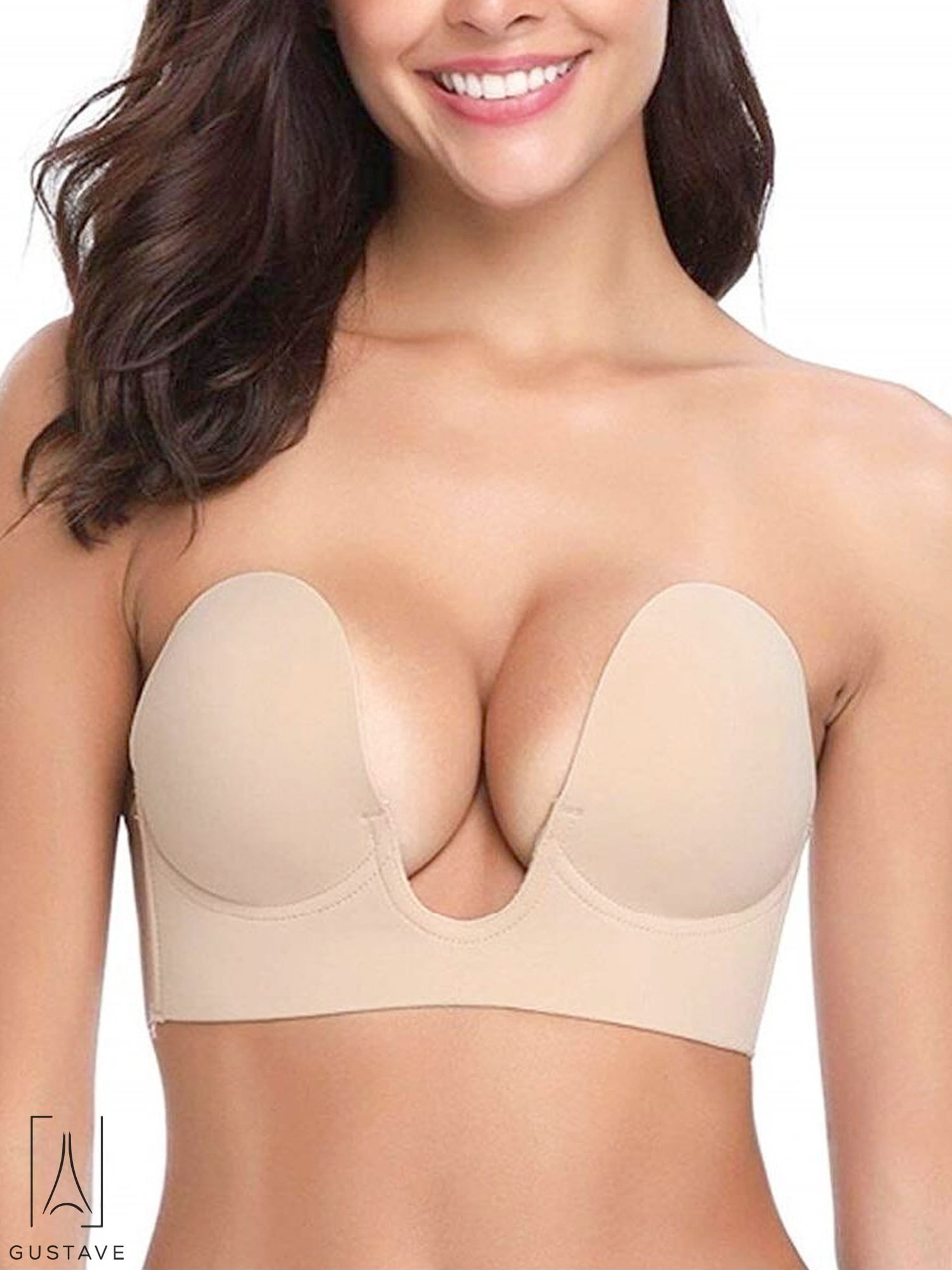 Gustave Invisible Bras for Women Push Up Strapless Self Adhesive Deep U  Plunge Bra Silicone Backless underwear Beige, Cup C 