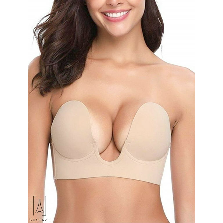 Gustave Invisible Bras for Women Push Up Strapless Self Adhesive Deep U  Plunge Bra Silicone Backless underwear Beige, Cup C