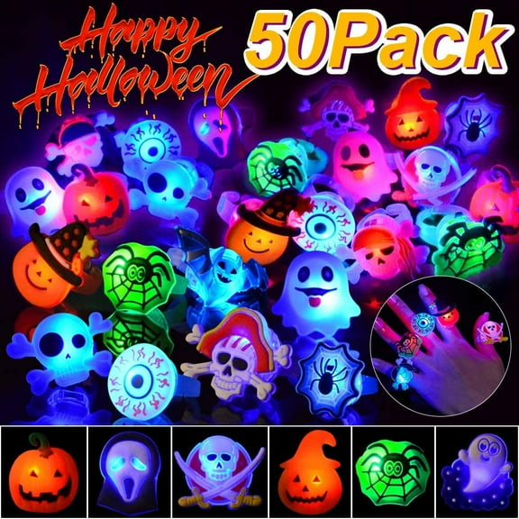 Monebena Halloween Treats 50Pcs Halloween Light Up Rings Halloween Toys Glow in The Dark Halloween Party Favors for Kid Flash LED Rings Non Candy Gift Bag Fillers