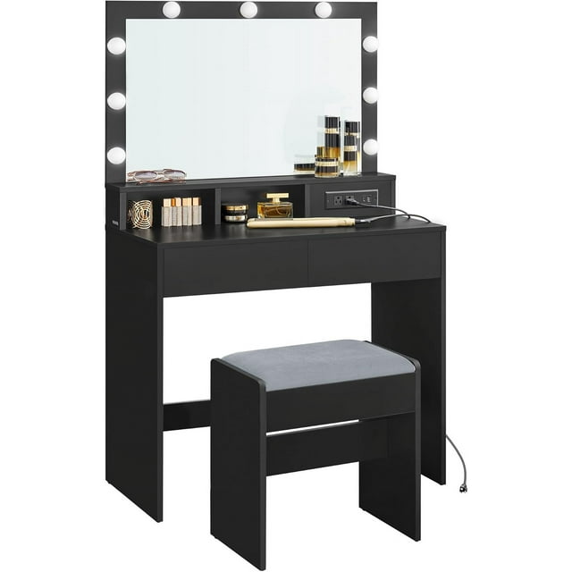 VASAGLE Vanity Desk with Power Outlets, Makeup Vanity with Mirror and Lights, with Upholstered Vanity Stool, 9 Dimmable LED Lights, 2 Compartments, 2 Drawers, for Bedroom, Ink Black,Adult