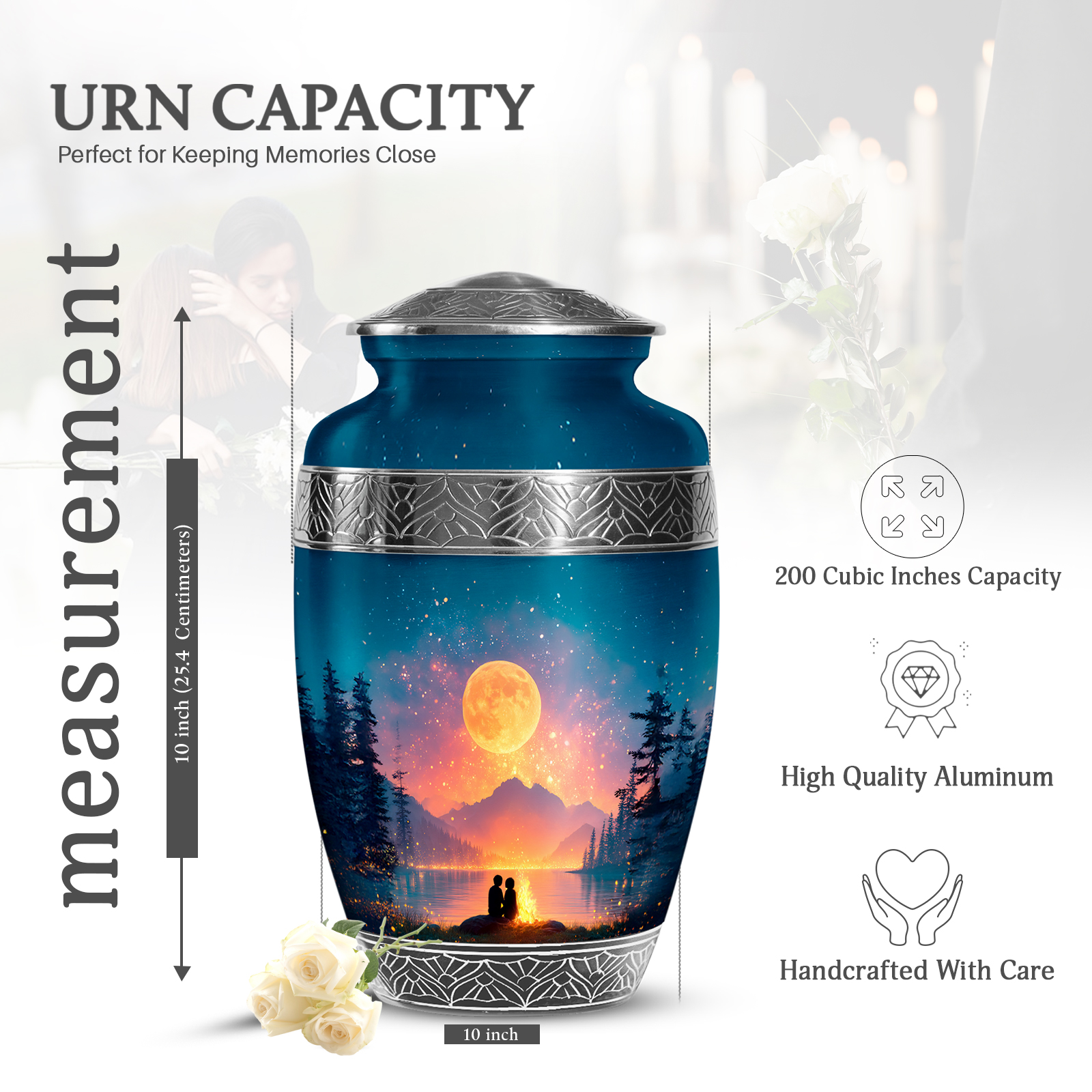 KARYLIZ Campfire Funeral Urns - Couple Under Moon Cremation Urn Human Ashes - Ocean Blue Memorial Urns For Female - Decorative Urns For Men - Large Urns For Human Ashes Adult Male (10inch)