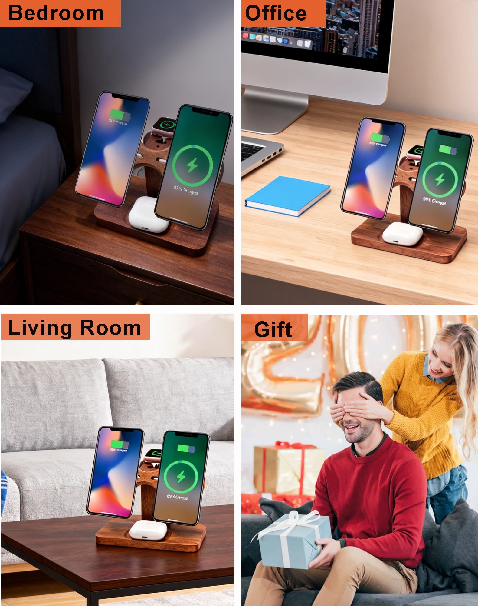 Dual Phone Charging Station for Apple Devices,Wood Magnetic Phone Charger Stand for Two iPhone 17 16 15 14 13 12 Mini Se,Wireless Charger Apple Charging Station for iWatch Series AirPod 4 3 2 Pro