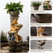 4 Tiered Water Fountain Outdoor, 35.6 Tall Cascading Bowl Leaf Carved Outdoor Waterfall Fountains Modern Water Feature with Dual Planters for Garden, Patio,Deck, Yard, Indoor Decor