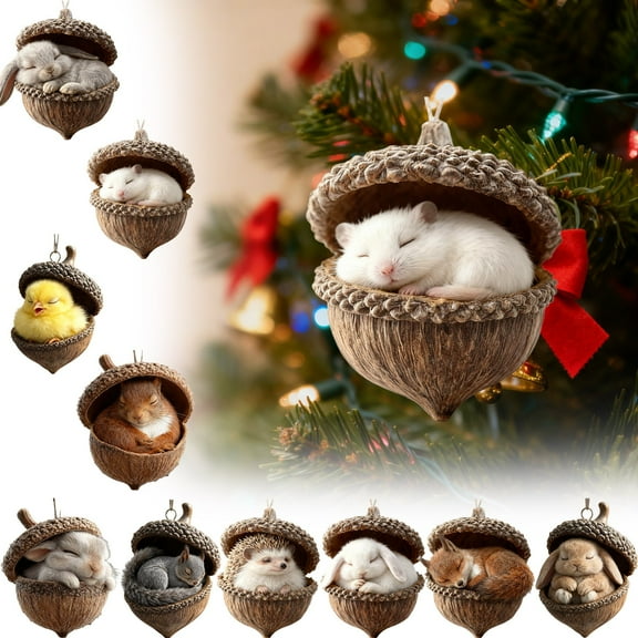 WKSCLPAI Forest Animal Acorn Ornaments, Cozy Forest Christmas Ornaments, New Pine Cone Animal Decoration for Christmas Tree, Rustic Nature-Themed Home Decor, Gift for Animal Lovers(4")