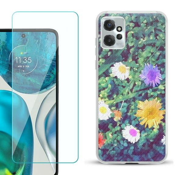 OneToughShield ® for Motorola Moto G Power 5G 2023 Shockproof Fashion Phone Case, with Tempered Glass Screen Protector - Daisy Paint