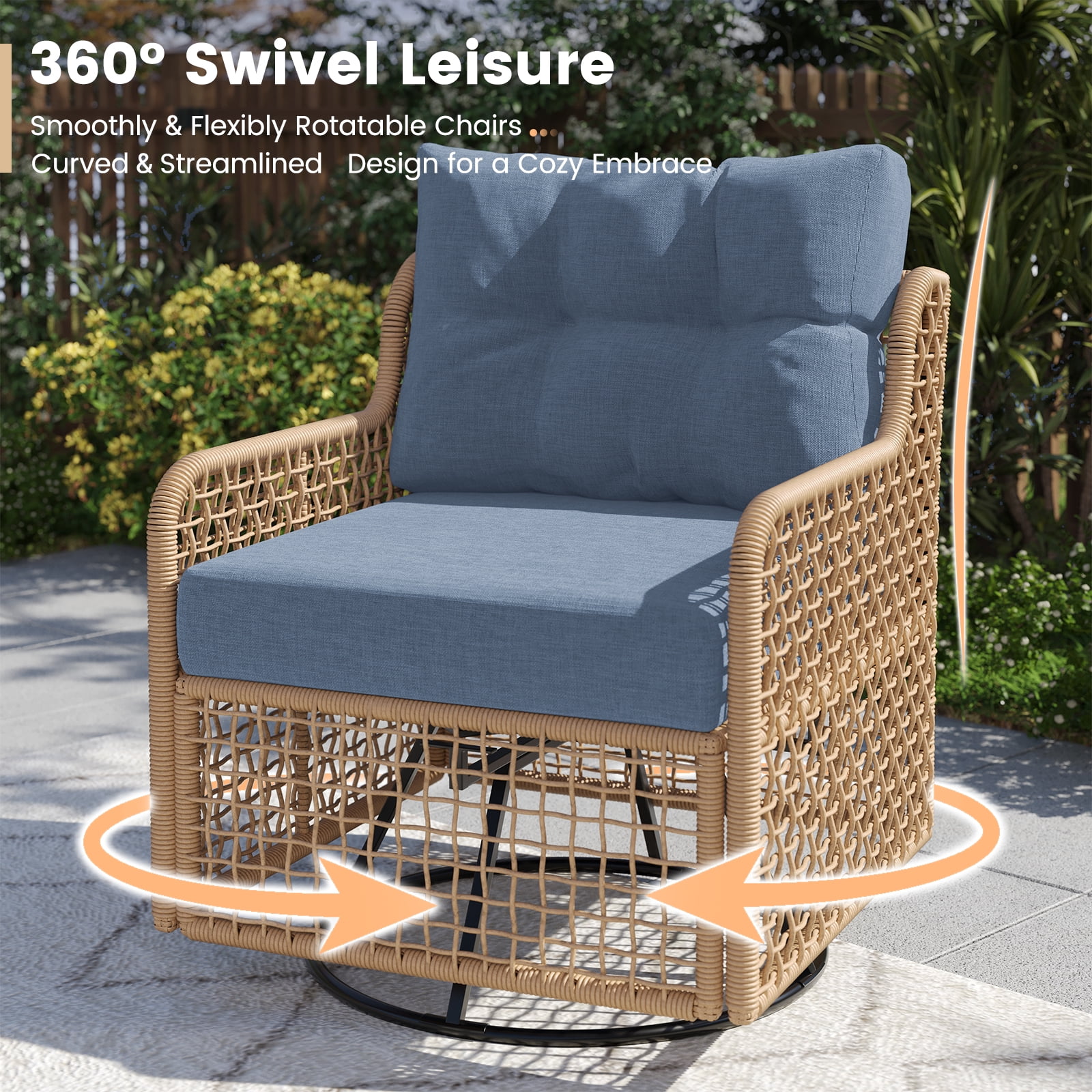 ELPOSUN 5-Seat Outdoor Patio Furniture Set, Wicker Rattan Outdoor Furniture Set with Swivel Chairs & All-Weather Thickened Cushions for Garden, Porch, Backyard, and Poolside, Denim Blue