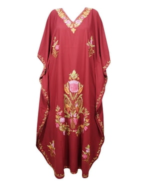 Mogul Bohemian Red Floral Embroidered Cotton Maxi Caftan Kimono Resortwear Kaftan Long Dress 3XL