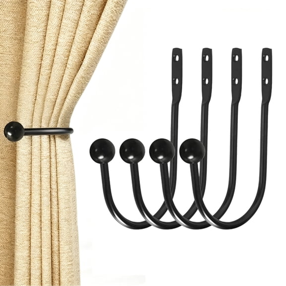 Gogcaro Curtain Holdbacks, 4pcs Wall Mounted Drapery Tiebacks with Screws, Window Hook for Home Decor (6in, Black)