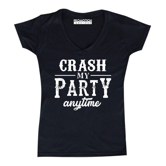P&B Crash My Party Anytime Funny Women's V-neck, Black, L