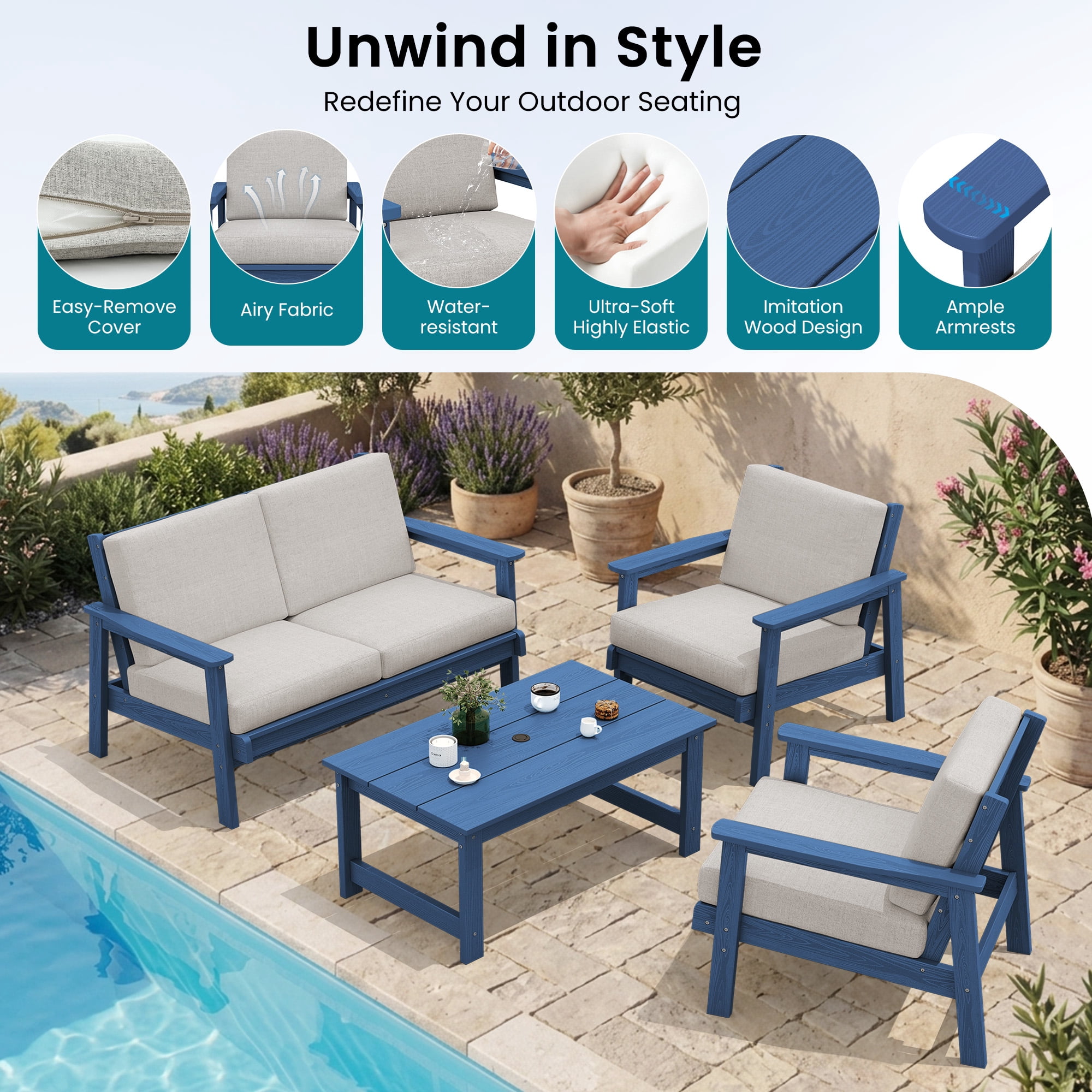 SERWALL 5 Pieces Outdoor HDPE Patio Furniture Sets, Conversation Sets with Cushions, 2 Armchairs & 1 Loveseat & 1 Coffee Table for Poolside, Balcony, Porch & Backyard, Blue / Khaki