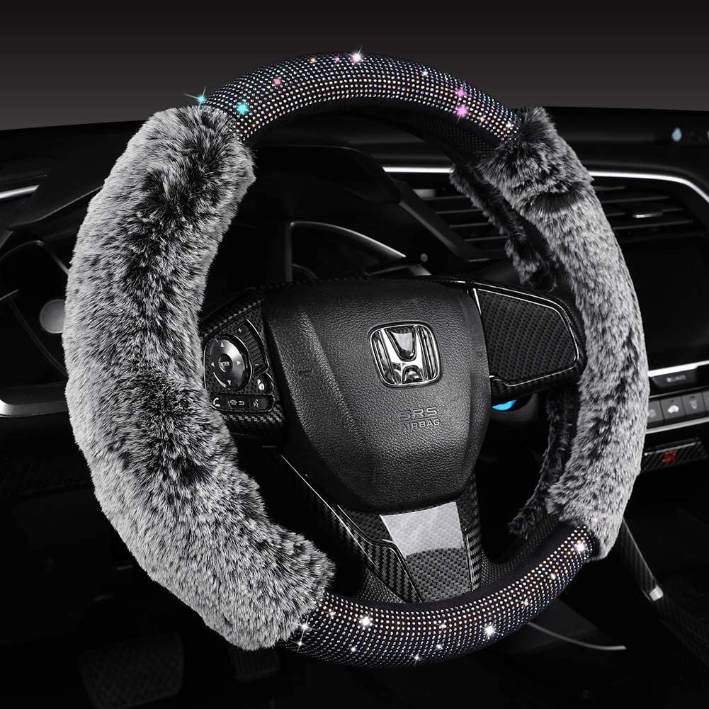 Wine Red 15 inch Standard Furry Car Wheel Cover Sparkling Warm Women Fashion Fluffy Bling Steering Wheel Cover with Diamonds and Fur Comfy 