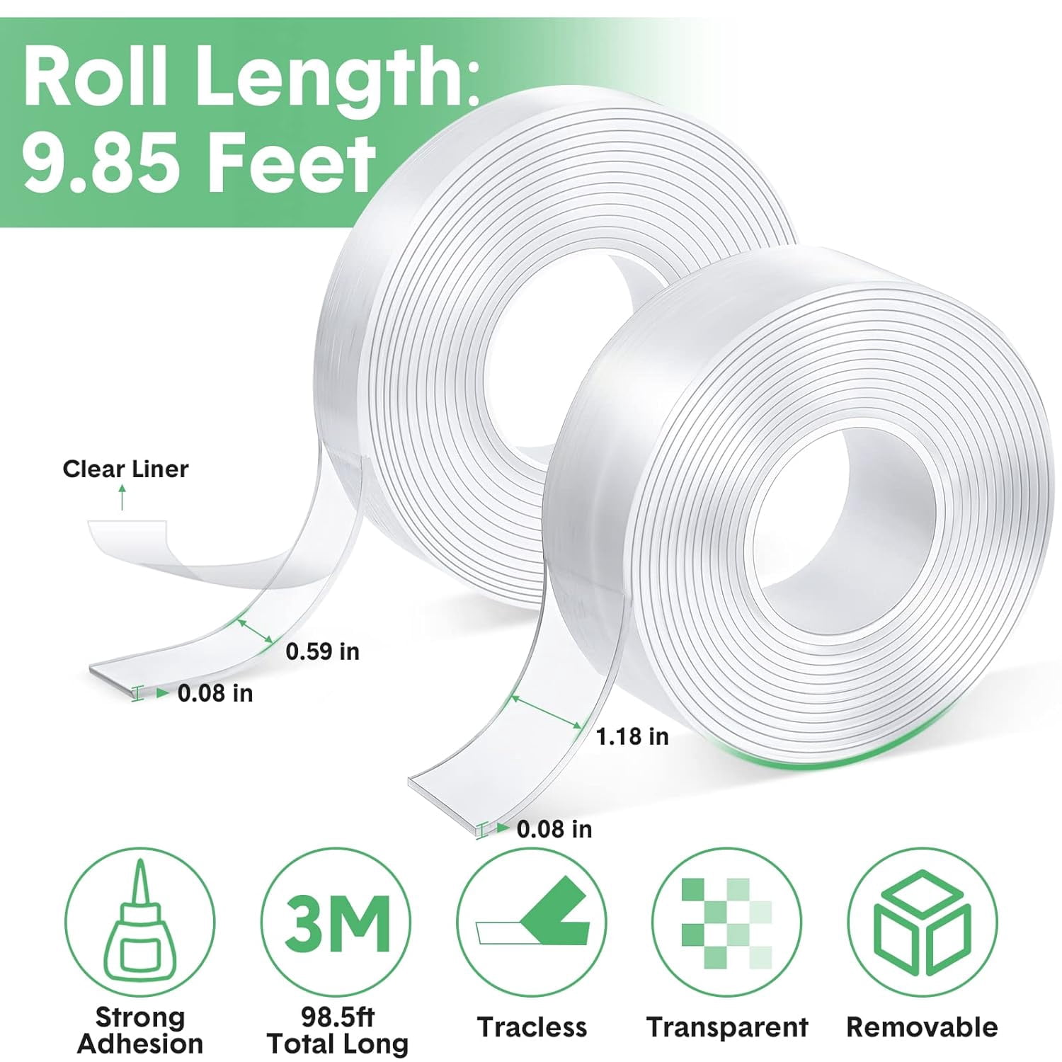 20 Rolls Double Sided Tape Heavy Duty 0.59 in + 1.18 in Total 98.5 ft Two Sided Adhesive Tape Transparent DIY Nano Tape for Wall Carpet Photo Car Posters Party Decoration