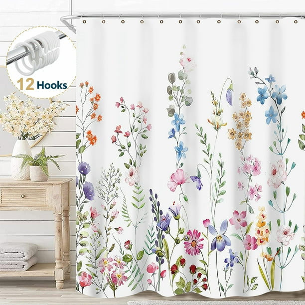 Dznils Cortina Shower de Tela Floral Blanca Cortina de Baño de Acuarela con Ganchos, Rosa, 72 x 72